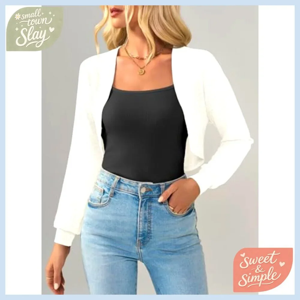 Summer Cropped Cardigan Open Front Long Sleeve Knit Shrug Lightweight - Picture 2 of 7